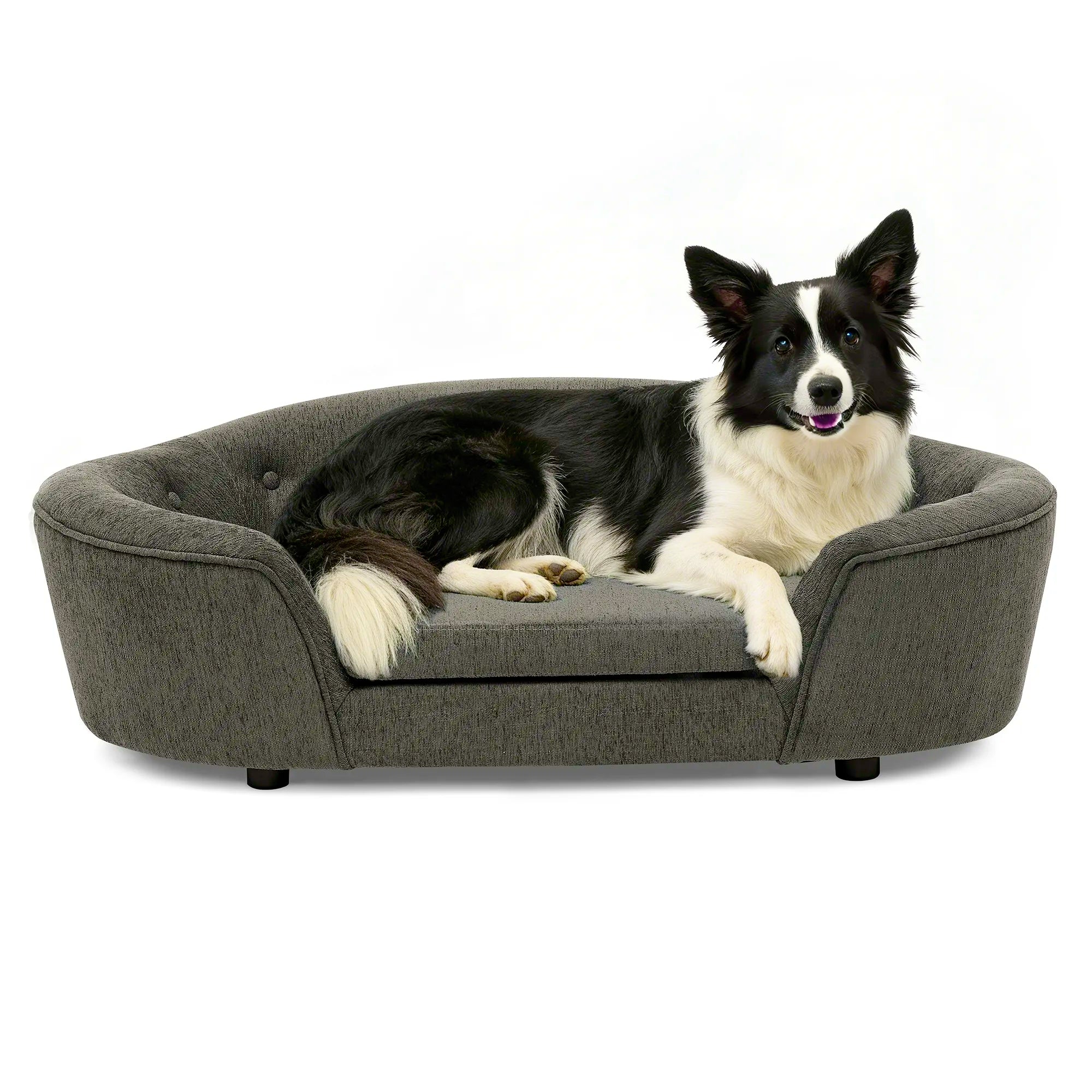 OVERSIZED Size Oval Semi-Enclosed Dog Sofa - Durable Linen Material, Button-Tufted Backrest, High-Center Low-Sides Support & Plush Comfort-Dark Gray