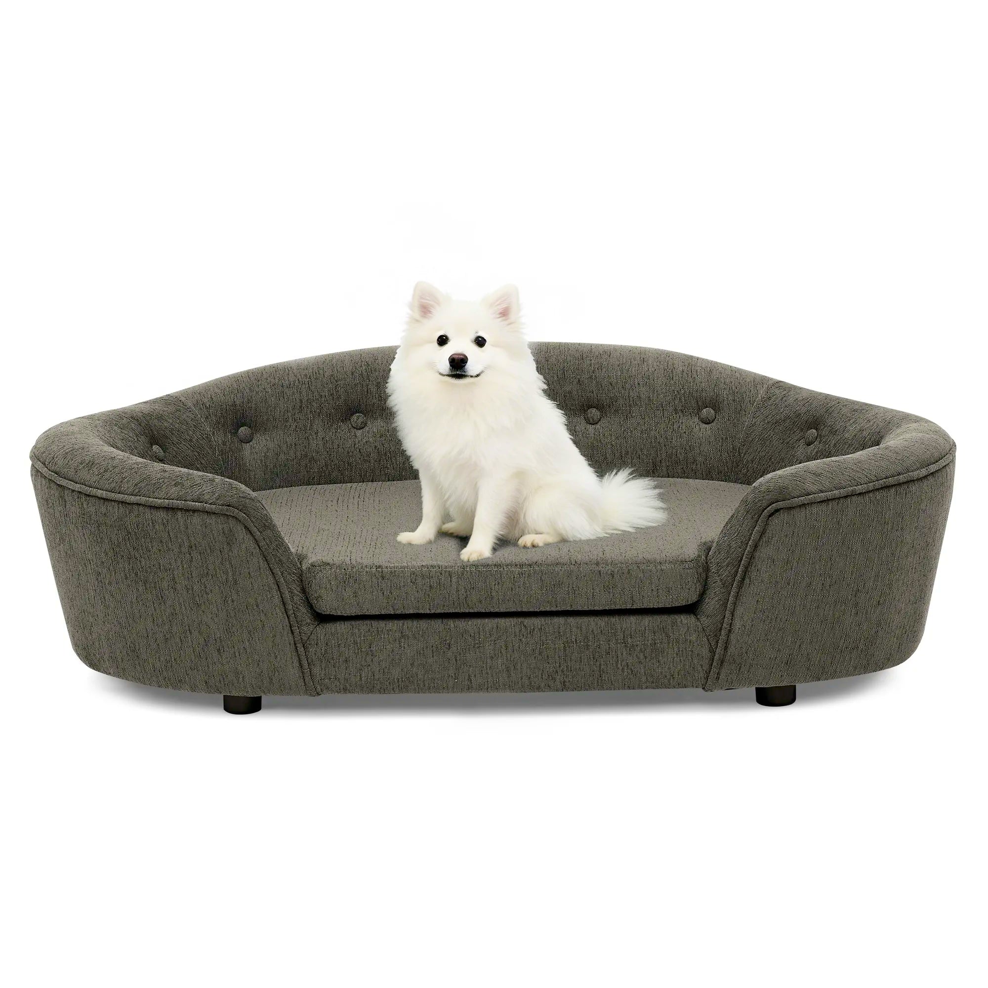 OVERSIZED Size Oval Semi-Enclosed Dog Sofa - Durable Linen Material, Button-Tufted Backrest, High-Center Low-Sides Support & Plush Comfort-Dark Gray