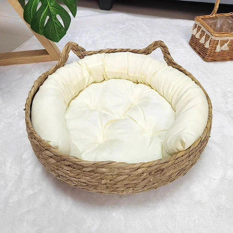 Rattan Weaving Cat Basket Bed With Soft Cushion Round Donut Design Cozy Warm Comfortable Sleeping Nest For Cats And Dogs