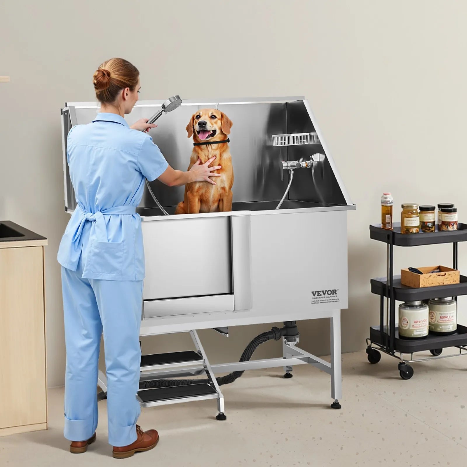 50 Inch Dog Grooming Bath Tub Stainless Steel W Stairs Water Filter Left